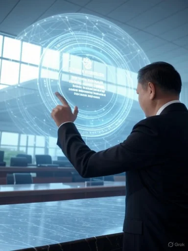 A businessman interacts with a futuristic holographic interface in a modern conference room.