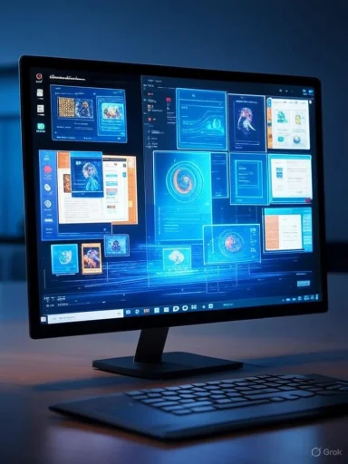 A computer monitor displays a high-tech futuristic interface with holographic data and images.