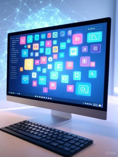 A modern computer monitor displays colorful app icons on a dark background, with a glowing network graphic above.
