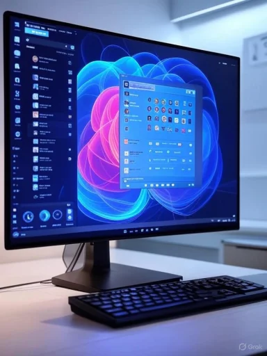 A modern desktop setup with a large monitor displaying a colorful digital interface, accompanied by a keyboard.