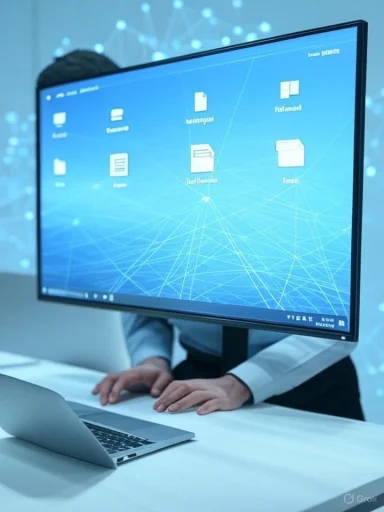 A person with a monitor as a head displays a digital file management interface on a large screen.