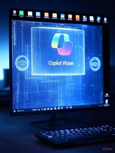 A computer monitor displays the 'Copiot Vision' logo and interface with futuristic graphics and icons. A computer monitor displays the 'Copiot Vision' logo and interface with futuristic graphics and icons.