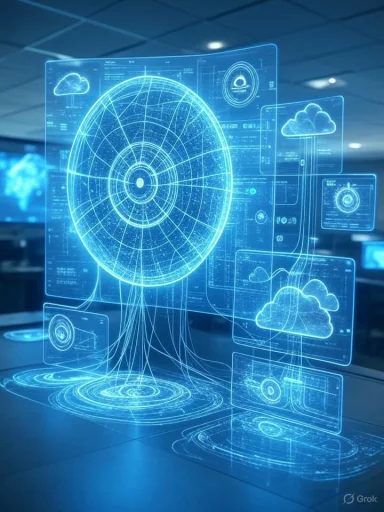 A futuristic digital interface displays cloud computing and data visualization graphics in a high-tech environment.