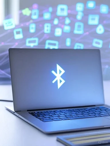 A laptop with a Bluetooth symbol displayed on the screen, set against a background of floating app icons. A laptop with a Bluetooth symbol displayed on the screen, set against a background of floating app icons.