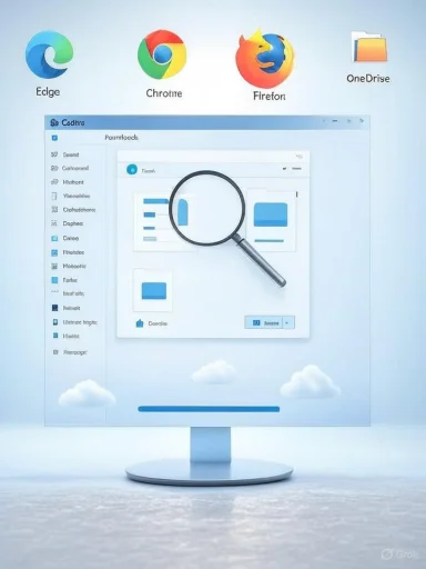 Desktop screen displays a software interface with a magnifying glass over charts, surrounded by icons for Edge, Chrome, Firefox, and OneDrive.