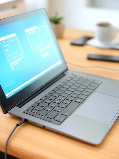 A laptop displaying a bright blue screen on a wooden desk with a cup of coffee and some notebooks in the background.