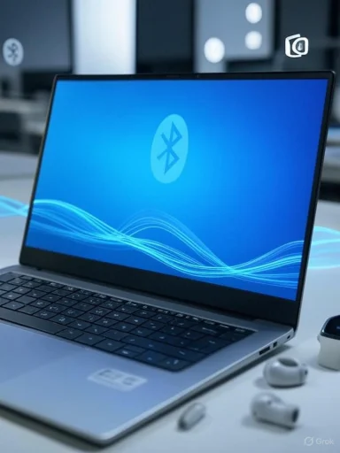 A laptop displaying a Bluetooth symbol on its screen, with wireless earbuds nearby on a desk.