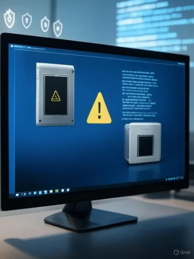 The computer screen displays a warning about a potential hardware or security issue, with warning icons and alerts.