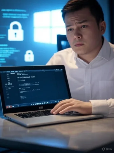 A man in a white shirt appears concerned while working on a laptop with cybersecurity icons displayed in the background.
