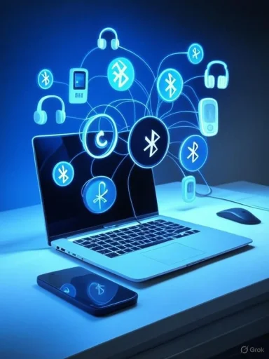 Laptop, smartphone, headphones, and MP3 player interconnected through Bluetooth icons on a digital display.