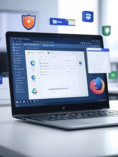 A laptop displays a data management interface with social media and cloud app icons floating above.