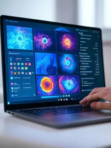 A person browsing a laptop displaying colorful visualizations of atomic or cosmic phenomena.