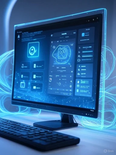 A futuristic computer interface on a monitor with holographic blue digital designs and data visuals.