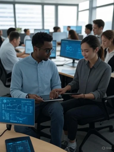 Two colleagues review data on a tablet in a busy computer lab with multiple monitors displaying charts and graphs.