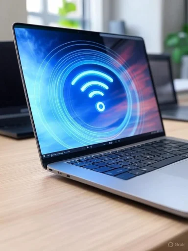 A laptop displaying a Wi-Fi signal icon on a bright, modern workspace with other laptops in the background.