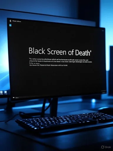 A computer monitor displays a black screen titled 'Black Screen of Death' in white text, with a dimly lit workspace background.