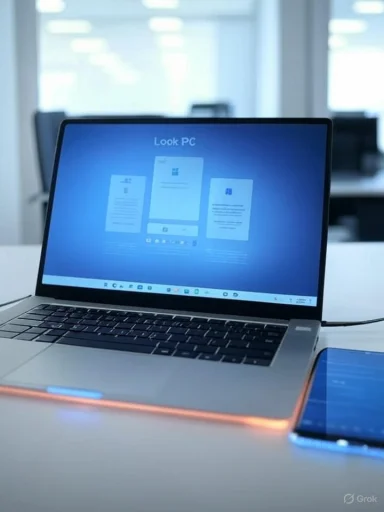 A silver laptop displaying 'Look PC' on a bright screen, connected to a smartphone on a white desk.