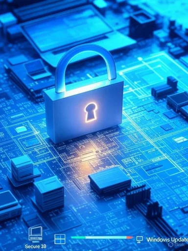 A glowing padlock symbol over a digital circuit board represents cybersecurity and data protection.