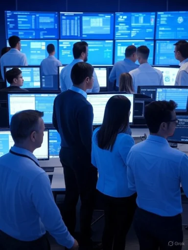 A group of professionals monitoring multiple digital screens in a high-tech control room.