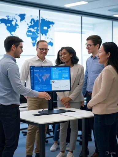 A diverse group of professionals discuss data displayed on a monitor in a modern conference room.