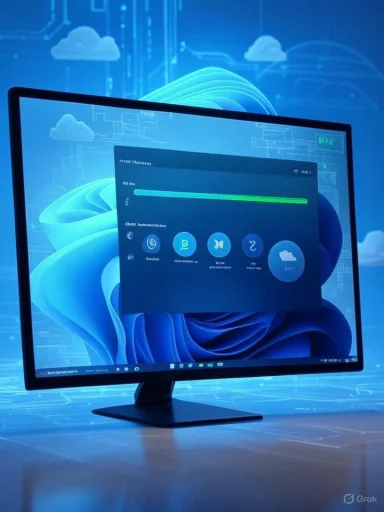 A computer monitor displays a software interface against a digital, cloud-themed background. A computer monitor displays a software interface against a digital, cloud-themed background.