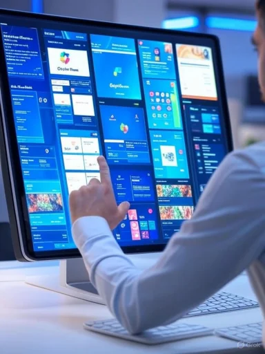 Person interacts with a large touchscreen displaying a colorful, multi-panel digital interface or dashboard.
