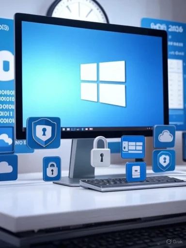 A computer with Windows logo surrounded by security icons emphasizing digital protection and cybersecurity.