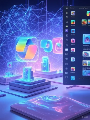 Futuristic digital display showcasing abstract geometric shapes and holographic technology in a vibrant neon-lit environment.
