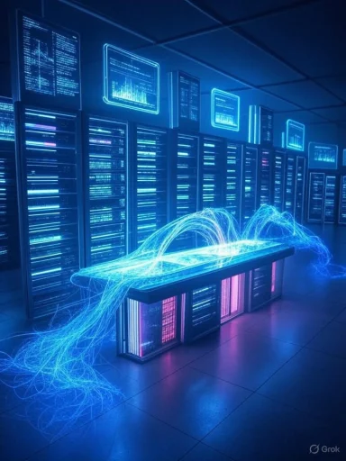 A futuristic data center with glowing blue server racks and digital streams of data flowing across the room.