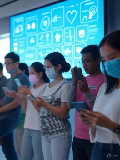 People wearing masks and using smartphones at a health or medical event with a large health-related digital display in the background.
