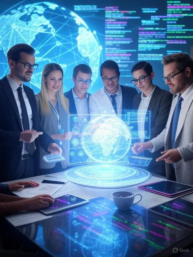 Business professionals analyze a holographic globe and data displays in a high-tech conference room. Business professionals analyze a holographic globe and data displays in a high-tech conference room.