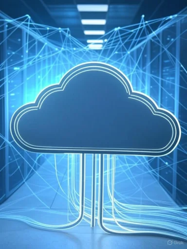 A digital cloud icon with connecting lines representing cloud computing and data networks in a server room. A digital cloud icon with connecting lines representing cloud computing and data networks in a server room.