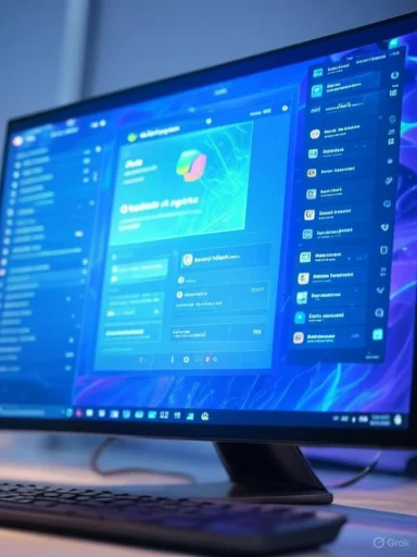 A close-up of a computer monitor displaying a blue desktop interface with various apps and notifications.