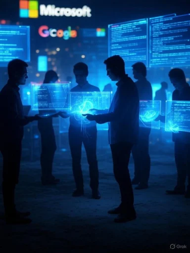 People collaborate on digital devices with holographic data projected around them at a high-tech event.
