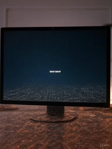 Computer screen displays a 'trouble shooter' message with a dark digital background.
