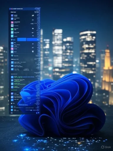 A futuristic digital display hovering above a stylized blue swirl against a city skyline at night.