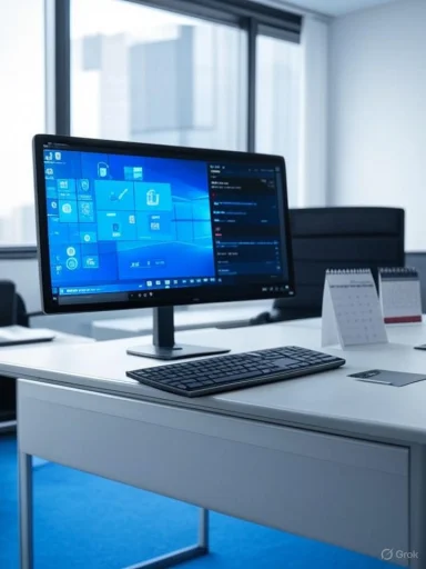 An office desk with a computer, keyboard, and small desk calendars in a modern, bright workspace. An office desk with a computer, keyboard, and small desk calendars in a modern, bright workspace.