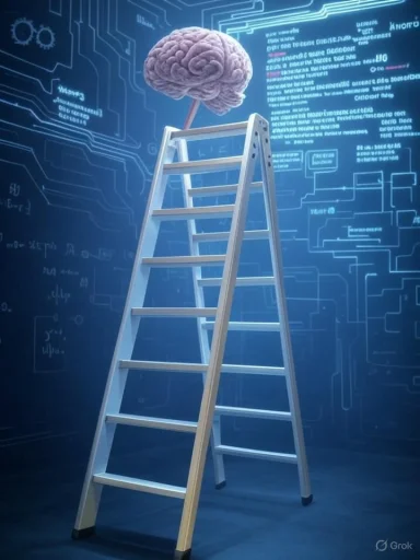 A ladder with a brain at the top against a digital, circuit-like background symbolizes climbing towards knowledge or intelligence.