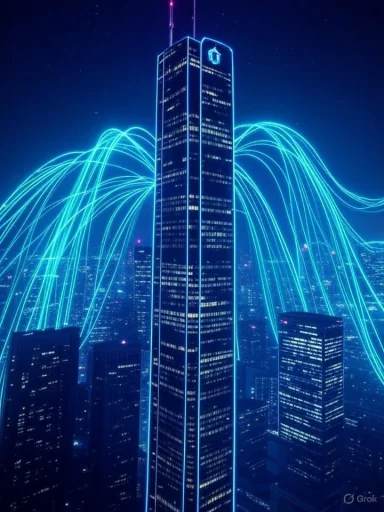 A futuristic cityscape with a tall skyscraper emitting neon blue outlines and light trails, simulating digital connectivity.