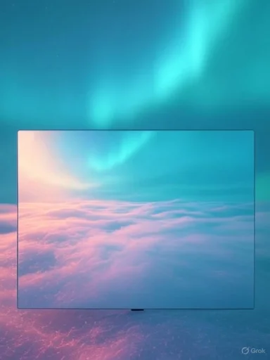 A sleek, modern TV displays a scenic view of clouds and aurora borealis against a pastel sky.