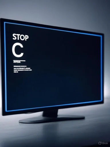 A monitor displays a 'STOP' message with a large letter 'C' in a dark, minimalistic setting.