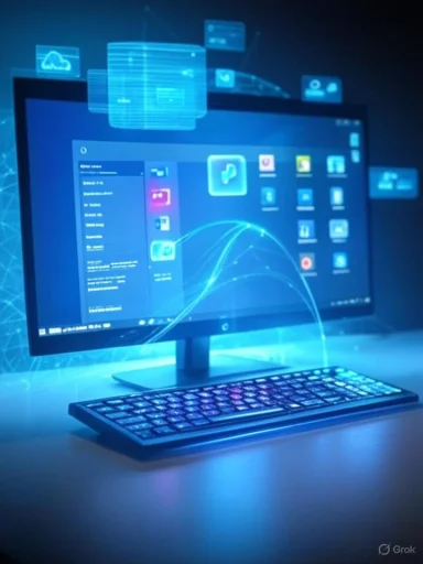 Futuristic digital interface shows a computer screen with floating app icons and holographic data streams. Futuristic digital interface shows a computer screen with floating app icons and holographic data streams.