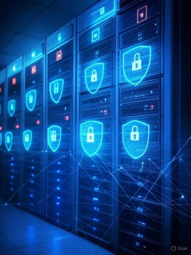 Server racks with glowing security shield icons symbolizing cybersecurity protection.