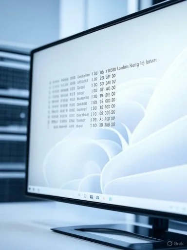 A computer monitor displays a receipt or document with blurred text in a bright, modern office setting.