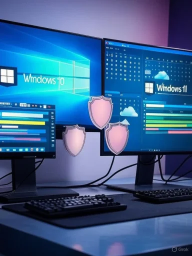 Two computer monitors display Windows 10 and Windows 11 interfaces with security shields overlayed in the foreground.