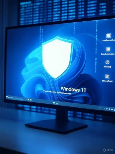 A computer monitor displays the Windows 11 startup screen with security shield icon in a dark, tech-themed environment.