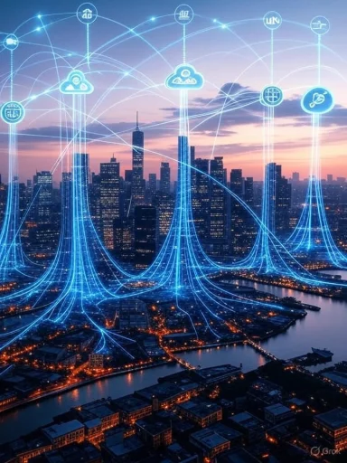 Smart city infrastructure and connectivity represented with digital overlays over a city skyline at sunset.