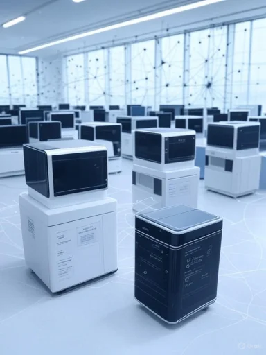 A modern showroom displays numerous compact, sleek washing machines or dryers in a bright, high-tech environment.