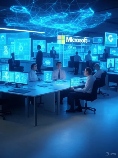 A high-tech control room with professionals monitoring digital interfaces, featuring the Microsoft logo and futuristic holographic displays.