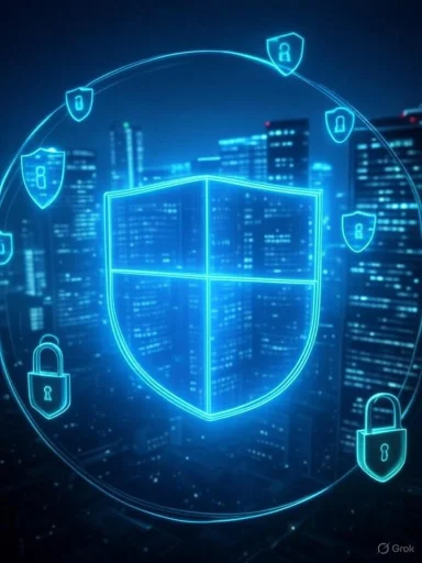Digital security concept with a glowing shield and locks over a cityscape background.